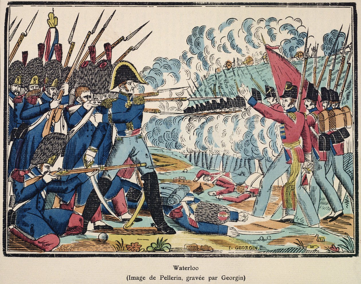 The Battle of Waterloon, 1815, kaiverrus Francois Georginin (1801-63) "Edition de la Revue Lorraine Illustree" -pubista. 1912 tekijältä Jean Charles Pellerin