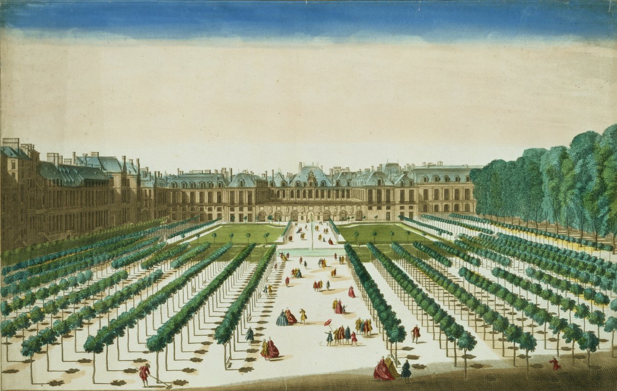 Näkymä ja perspektiivi Palais Royaliin puutarhan puolelta, kaiverrus Antoine Aveline (1691-1743) tekijältä Jean Chaufourier