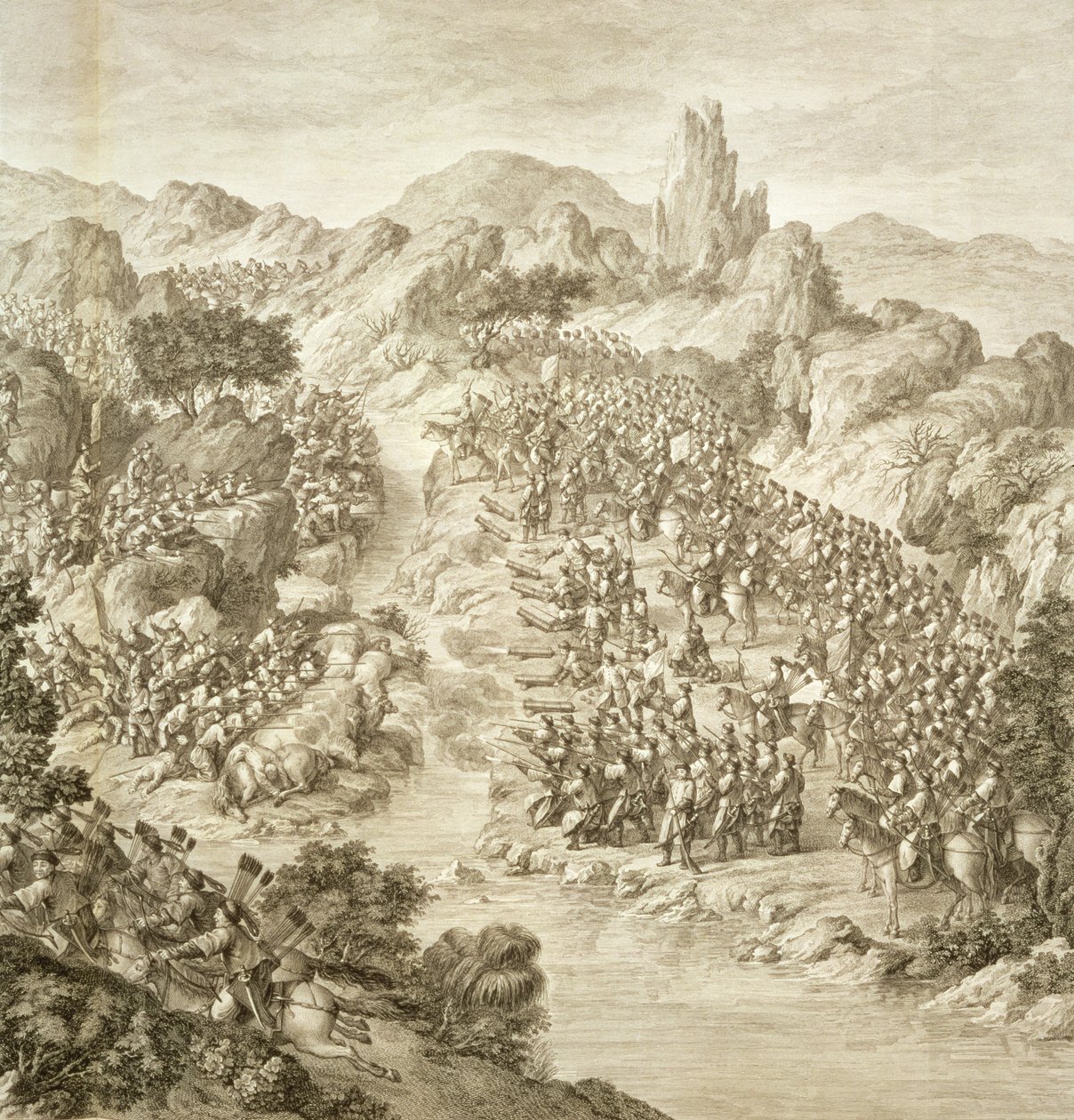 Ensimmäinen taistelu Kiinan armeijan ja eleuthien välillä vuonna 1759, yksityiskohta taisteluista joen toisella puolella, levy 10 sarjasta printtejä, jotka edustavat Qianlongin, keisarin keisarin valloitusta. tekijältä Jean Damascene