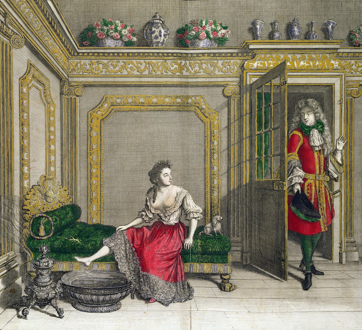 Nainen riisuutumassa kylpyyn, julkaistu n. 1688-1690 tekijältä Jean Dieu de Saint Jean