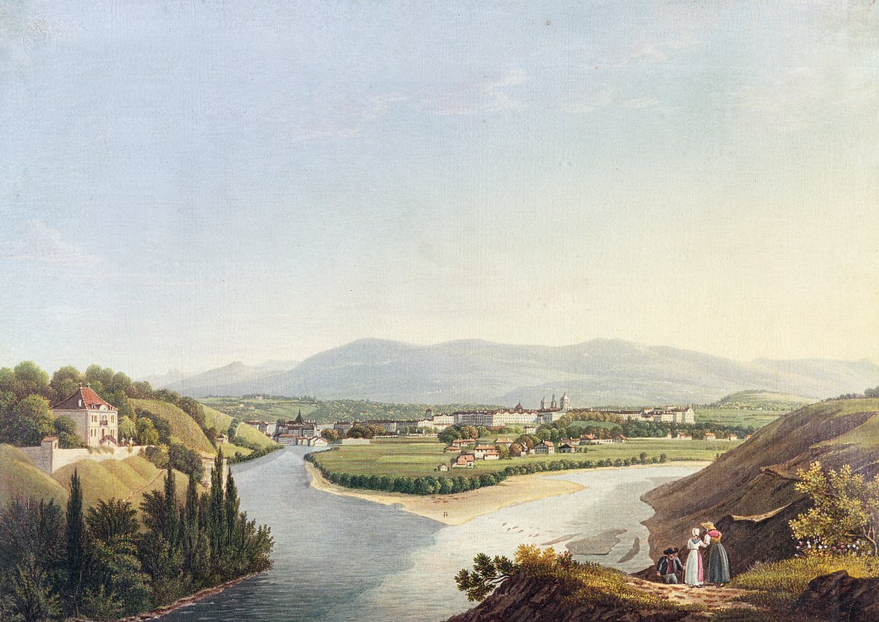Näkymä Geneveen Rhonen ja Arven yhtymäkohdasta, kaivertaja Friedrich Salathe (1793-1860). tekijältä Jean Dubois