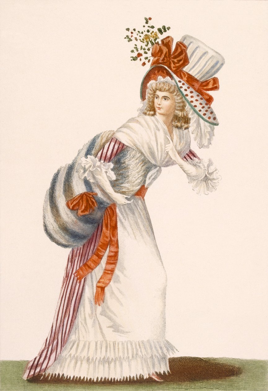 Naisten silmiinpistävä päivämekko, "Galeries des Modes et Costumes Francais" -lautanen, n. 1778-87 99:vaatteet; perinteinen asu; perinteinen puku; muoti; kuva; c18th; muotia tekijältä Jean Florent Defraine