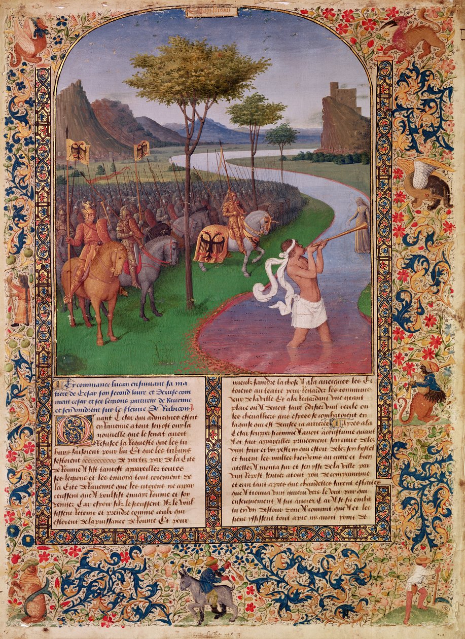 Julius Caesar (100-44 eKr.) Rubiconin ylittäminen, n. 1470 (yksityiskohta) tekijältä Jean Fouquet