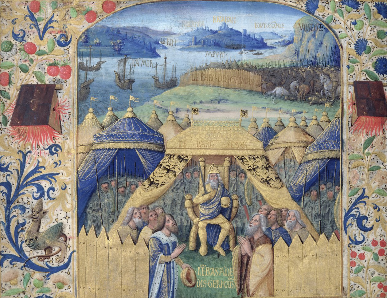 Julius Caesar (100-44 eKr.) vastaanottamassa germaanisen suurlähettilään, n. 1450 tekijältä Jean Fouquet