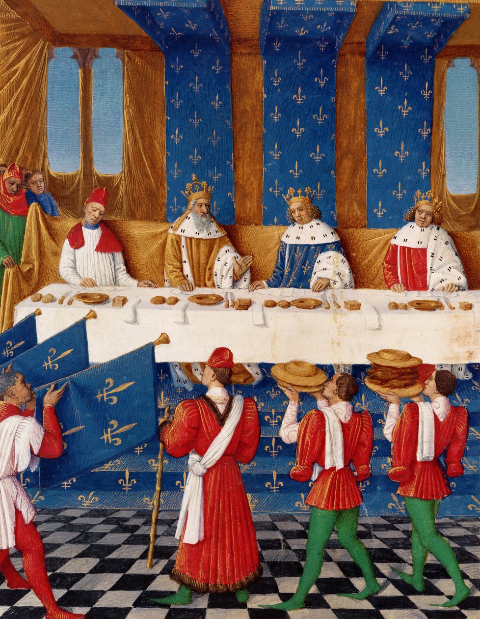 Ms 6465 fol.444v Kaarle V:n (1338-80) pitämä banketti setänsä keisari Kaarle IV:n (1316-78) kunniaksi vuonna 1378 Grandes Chroniques de Francesta tekijältä Jean Fouquet