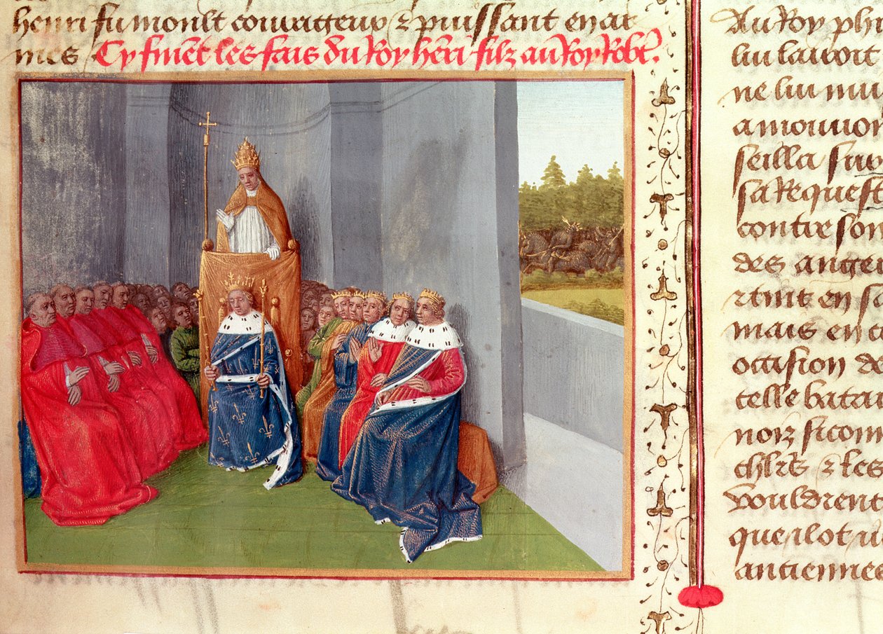 Ms Fr 6465 Fol.174 Urban II (n. 1035-1099) Saarnaa ristiretkeä Clermontissa Ranskan kuninkaan Philippe I:n (1053-1108) läsnä ollessa vuonna 1095, teoksesta "Les Grandes Chroniques de France", n. 1460 tekijältä Jean Fouquet