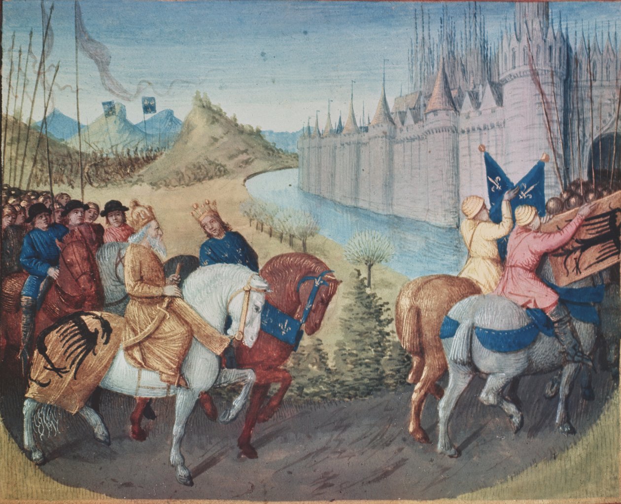 rouva Fr. 6465 fol.202 Ludvig VII:n (n. 1120-80) Ranskan kuninkaan ja Konrad III:n (1093-1152) Saksan kuninkaan tulo Konstantinopoliin ristiretkien aikana, 1147-49 (katso myös 38992) tekijältä Jean Fouquet