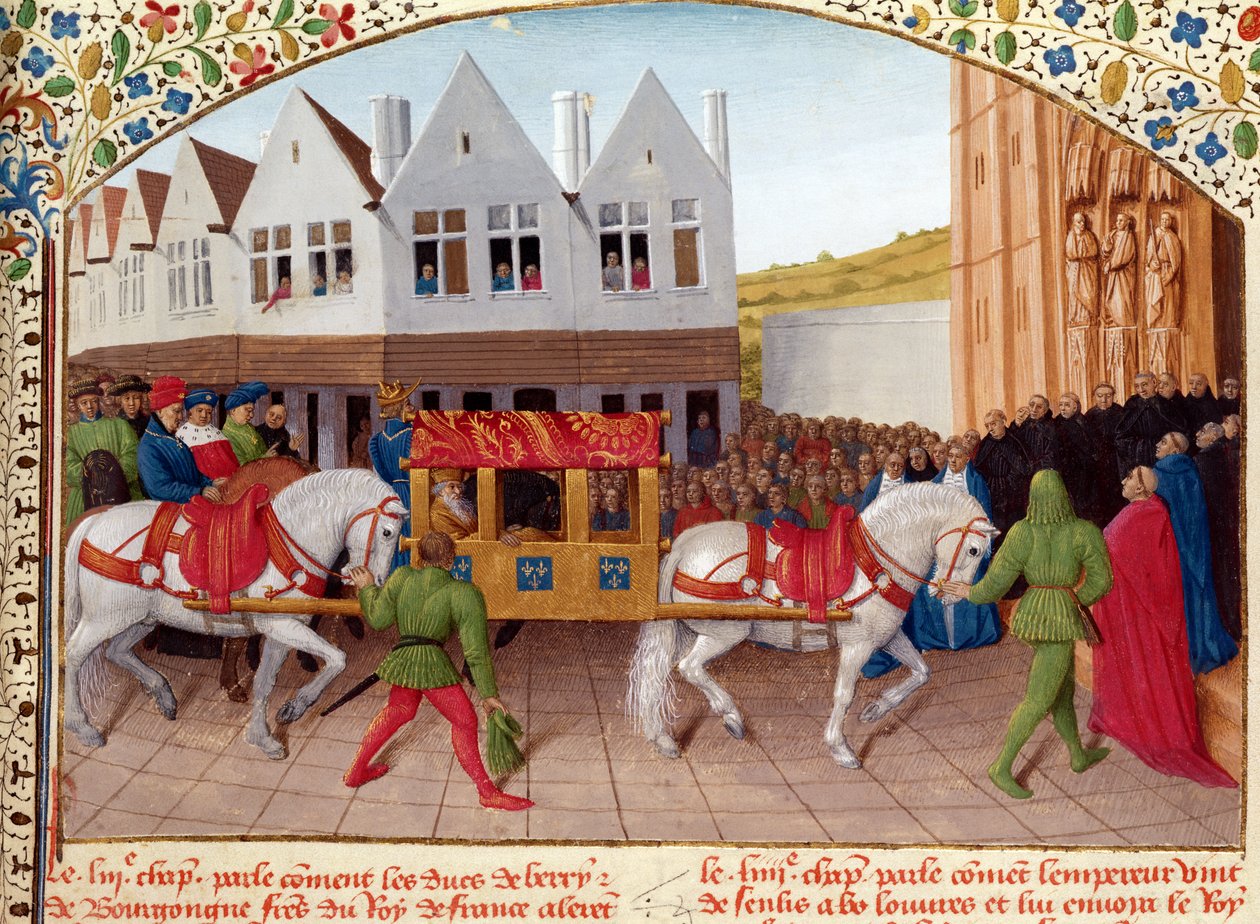 Ms Fr 6465 fol.442 Keisari Kaarle IV:n (1316-78) saapuminen Basilica St. Denis