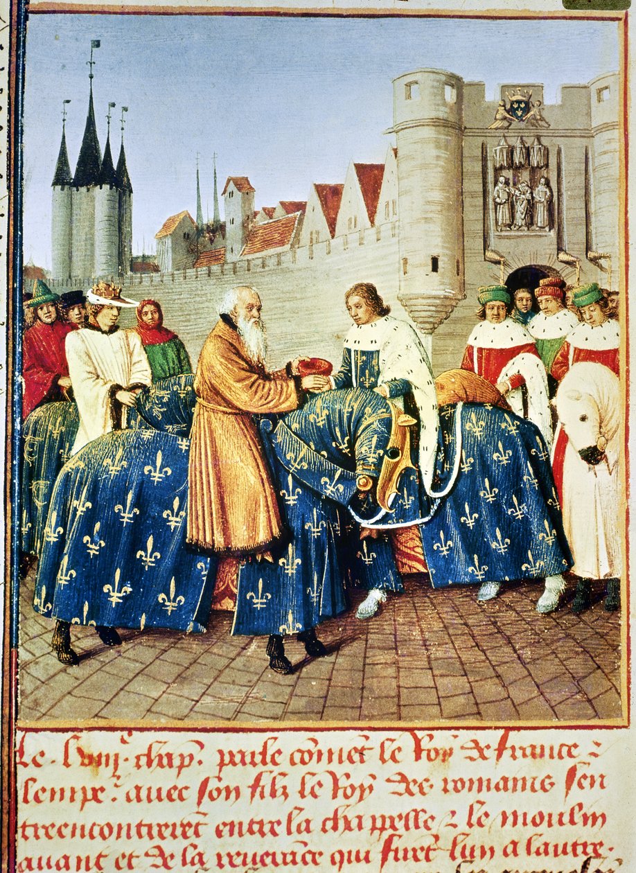 Rouva Fr 6465, 444 Kaarle V (1338-80) vastaanottamassa keisari Kaarle IV:n (1316-78) Porte du Templessä Pariisissa tammikuussa 1378 Les Grandes Chroniques de Francesta, n. 1460 tekijältä Jean Fouquet