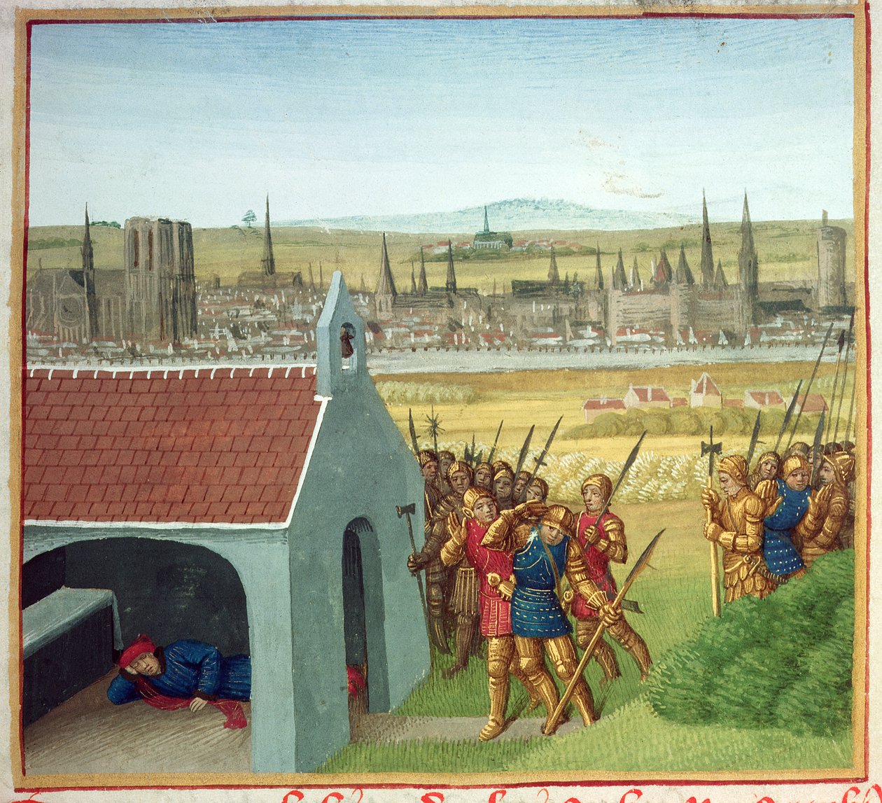 Ms Fr 6465 fol. 57 Kuningas Clothar II (584-629) ei voi tuoda poikaansa Dagobert I:tä (605-39) takaisin Pariisiin Les Grandes Chroniques de Francesta, n. 1460 tekijältä Jean Fouquet