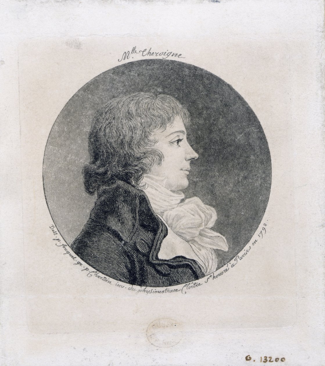 Muotokuva Anne-Josephe Trewagnesta (1762-1817), joka tunnetaan nimellä "Theroigne de Mericourt", kaiverrus Gilles-Louis Chretien (1754-1811) tekijältä Jean Fouquet