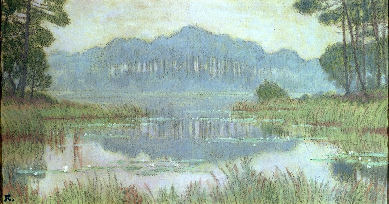 Maisema ja umpeenkasvanut lampi, n. 1900 (kynä ja wc paperilla) tekijältä Jean Francis Auburtin