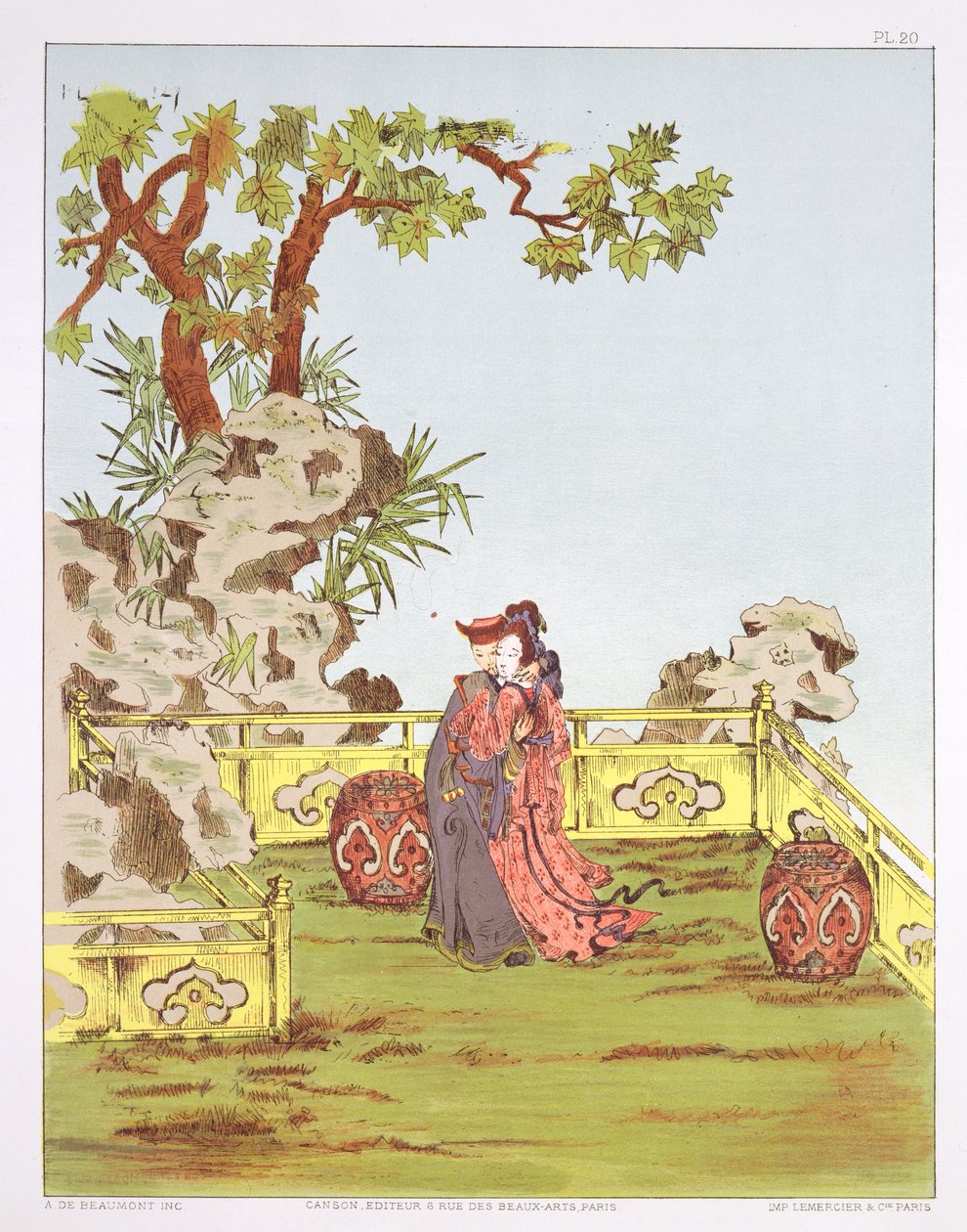 Pariskunta kiinalaisessa puutarhassa, "Kiinan koristeet", julkaistu 1700-luvun lopulla - 1800-luvun alkupuolella tekijältä Jean Francois Albanis de Beaumont