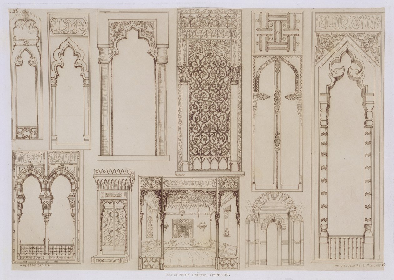 Islamilainen ja maurilainen muotoilu ikkunaluukkuihin ja divaaneihin, Art and Industry -julkaisusta, julkaisija Delatre, Paris, 1857 tekijältä Jean Francois Albanis de Beaumont