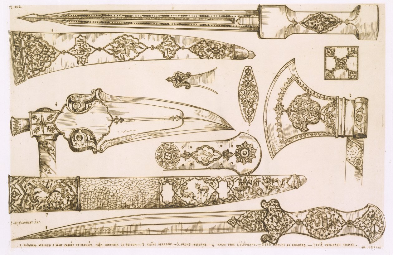 Islamilaiset ja maurilaiset mallit veitsen teriin, Art and Industry, julkaisija Delatre, Paris, 1857 tekijältä Jean Francois Albanis de Beaumont