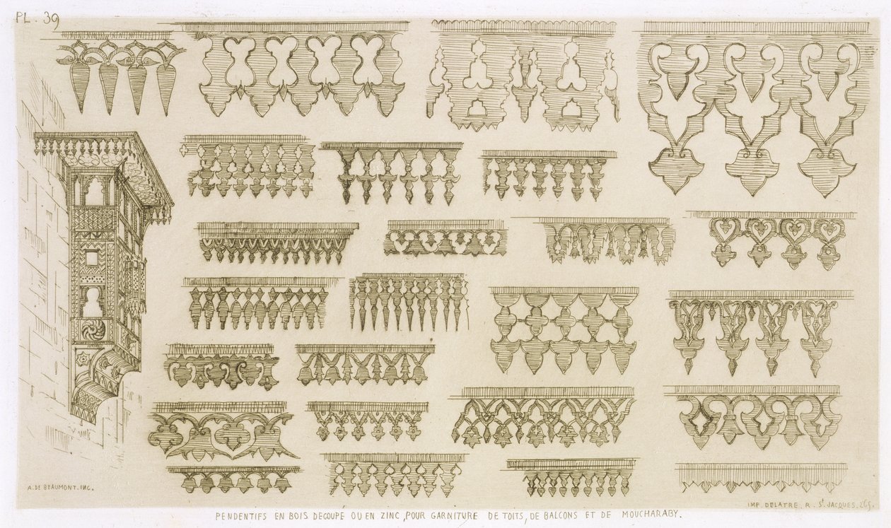 Islamilaiset mallit reunalistalle, parvekkeelle ja mashrabiyah-koristeelle, Art and Industry -julkaisusta, julkaisija Delatre, Paris, 1857 tekijältä Jean Francois Albanis de Beaumont