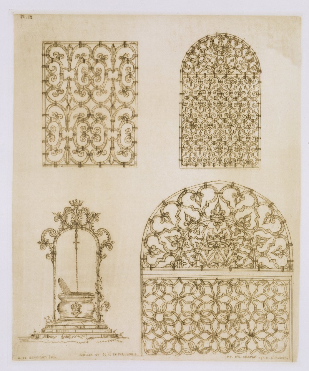 Islamilaiset rautatyörit ikkunoihin ja kaivoihin, julkaisusta "Art and Industry", julkaisija Delatre, Paris, Paris, 1857 tekijältä Jean Francois Albanis de Beaumont
