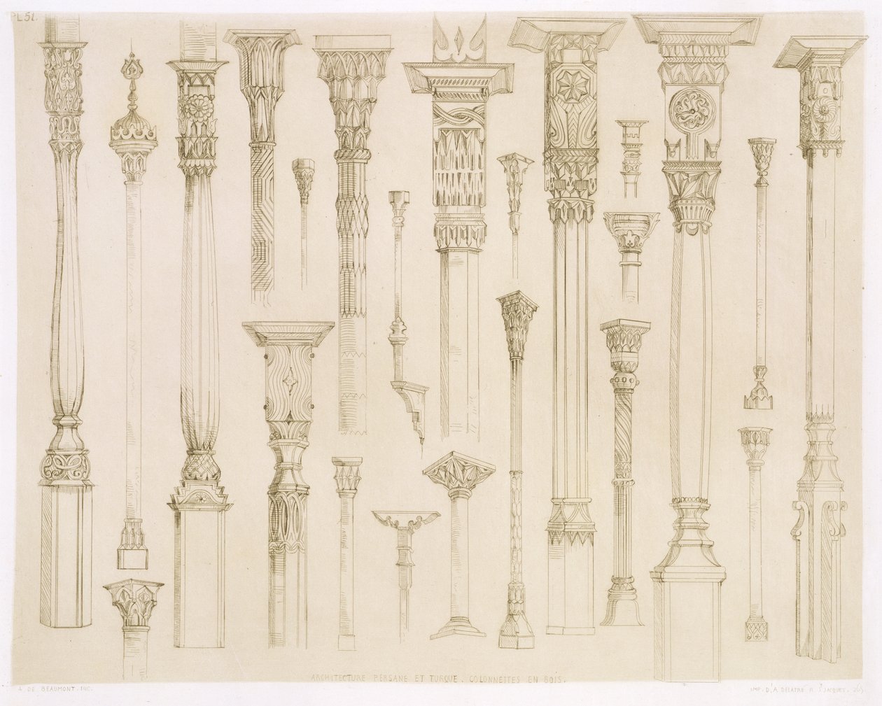 Persialaiset ja turkkilaiset puiset pylväsmallit, Art and Industry, julkaisija Delatre, Paris, 1857 tekijältä Jean Francois Albanis de Beaumont