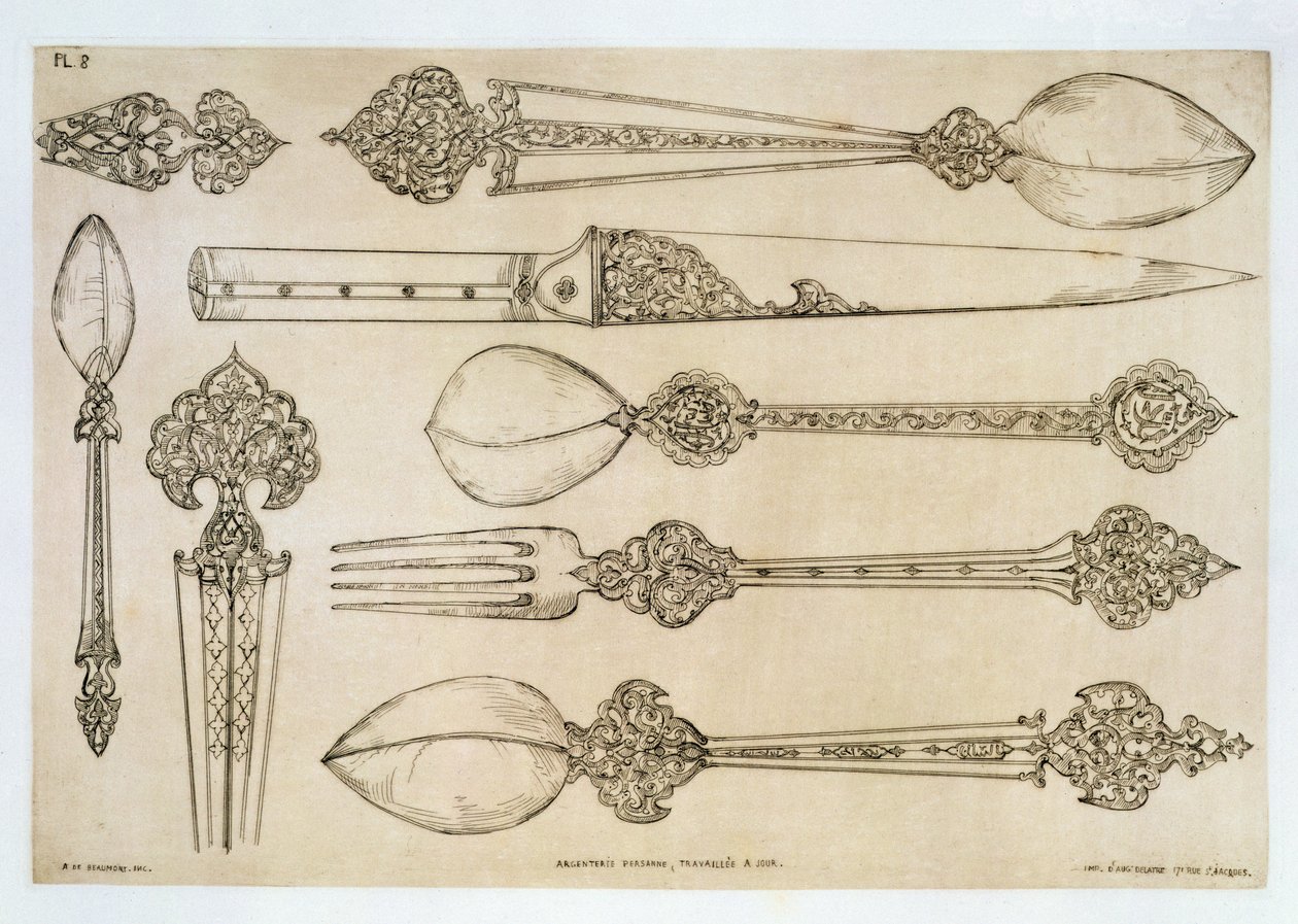 Persialainen muotoilu jokapäiväisiin hopeisiin ruokailuvälineisiin, Art and Industry -julkaisusta, julkaisija Delatre, Paris, 1857 tekijältä Jean Francois Albanis de Beaumont