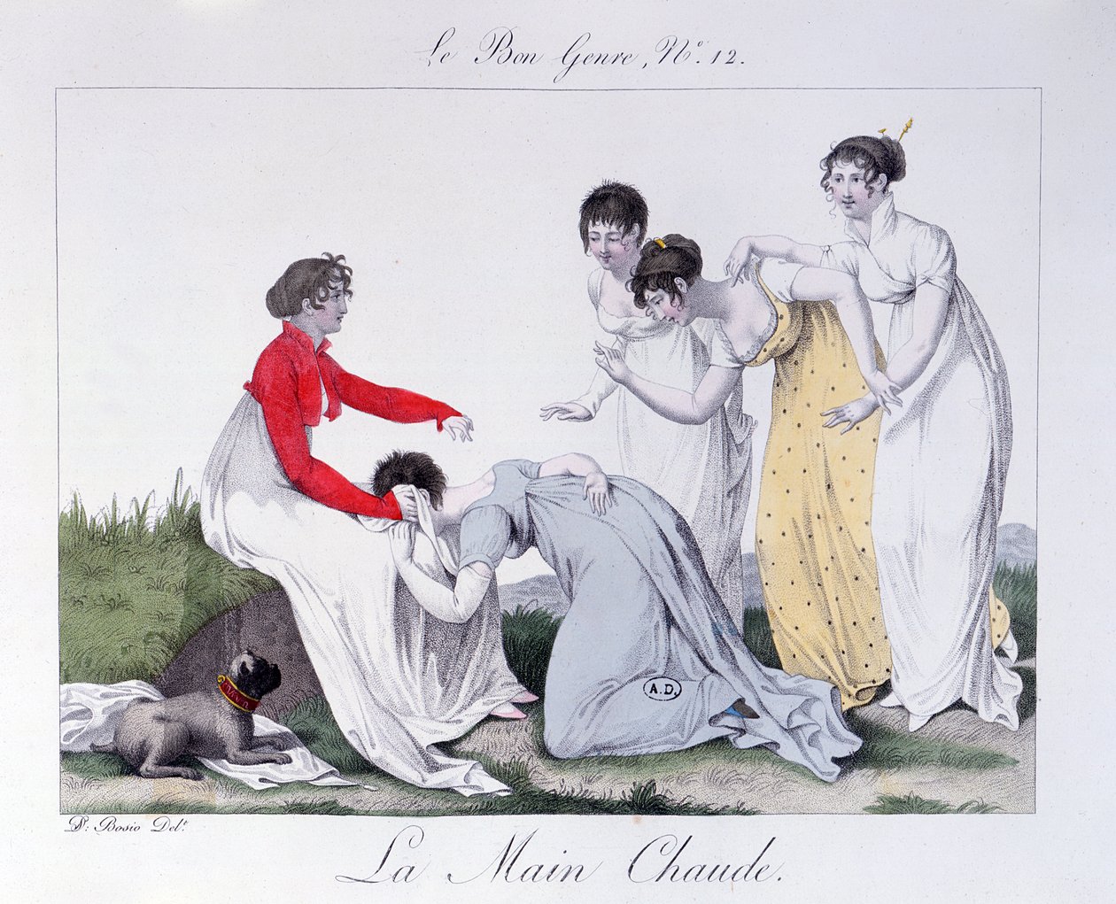 Peli "La Main Chaude" ("Hot Cockles"), 1800-luvun alku (värikaiverrus) tekijältä Jean Francois Bosio
