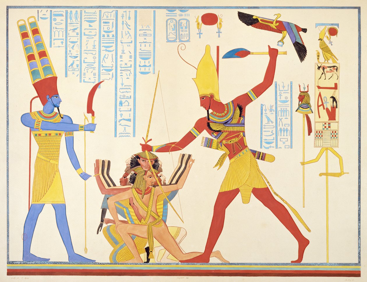 Amun-jumala tarjoaa sirppiaseen faarao Ramses III:lle, kun hän lyö kahta vangittua vihollista, 1835-45 tekijältä Jean Francois Champollion