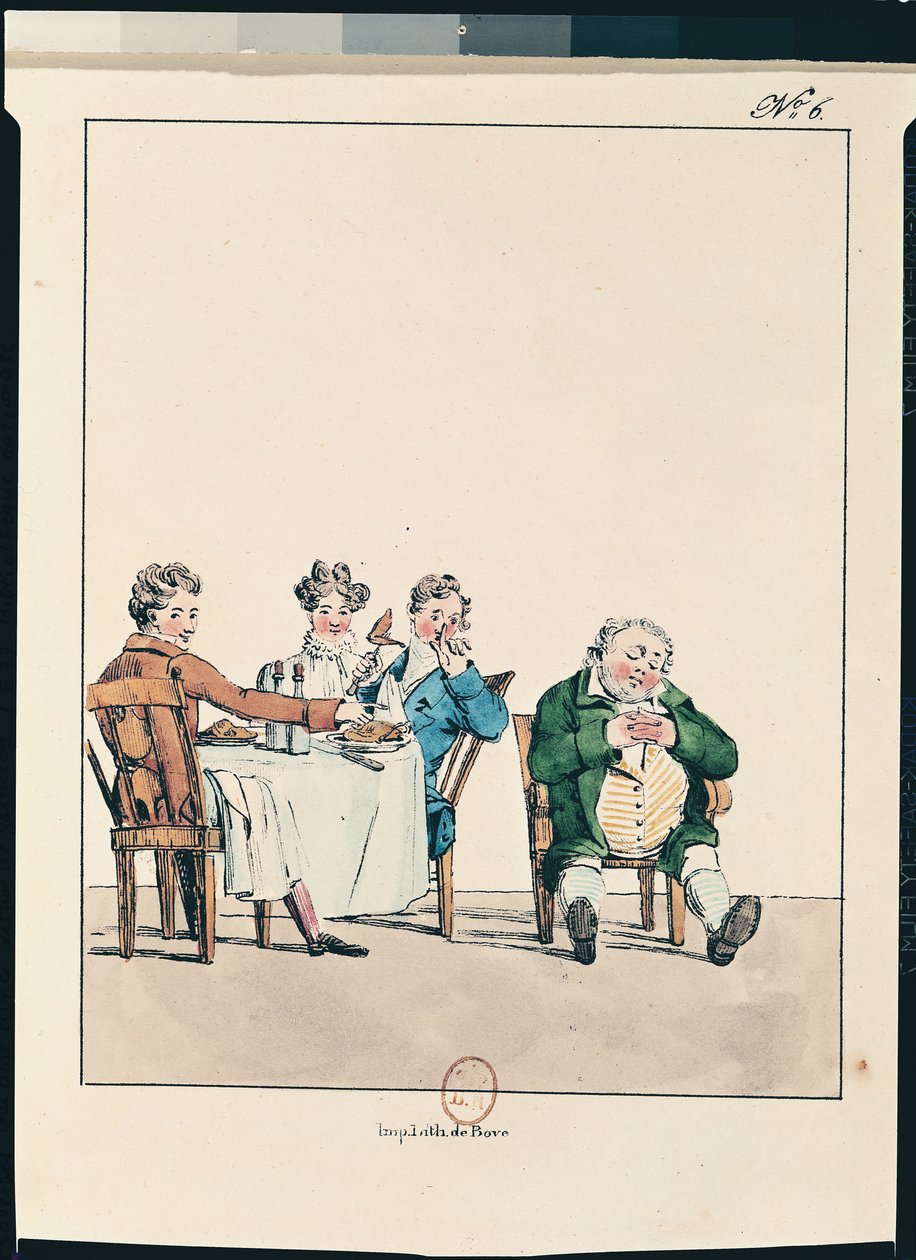 "Qui dort dine", karikatyyri miehestä, joka nukkuu päivällisen jälkeen tekijältä Jean Francois Garneray