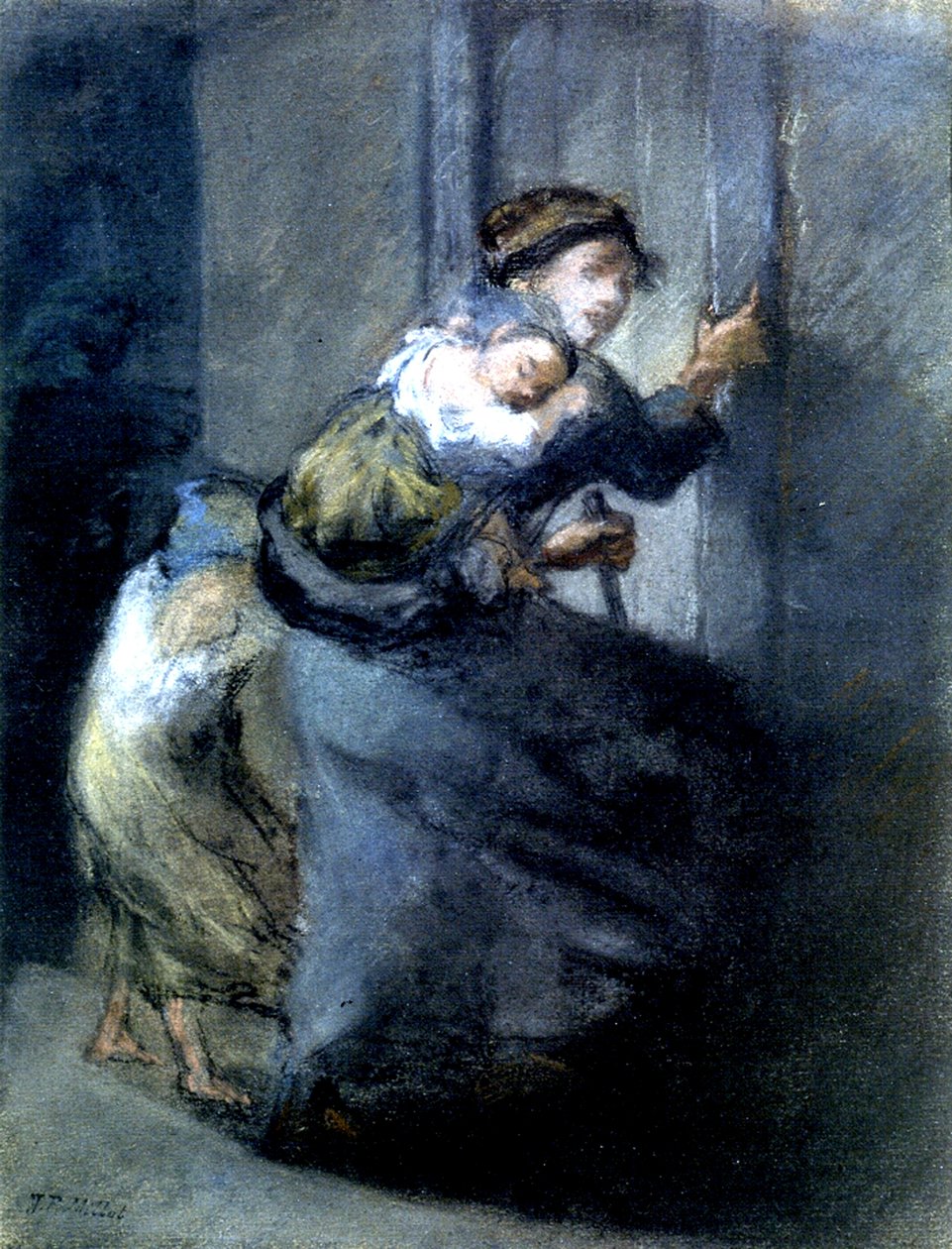 Äiti pakenee kahden lapsen kanssa (pastelli paperille) tekijältä Jean Francois I Millet