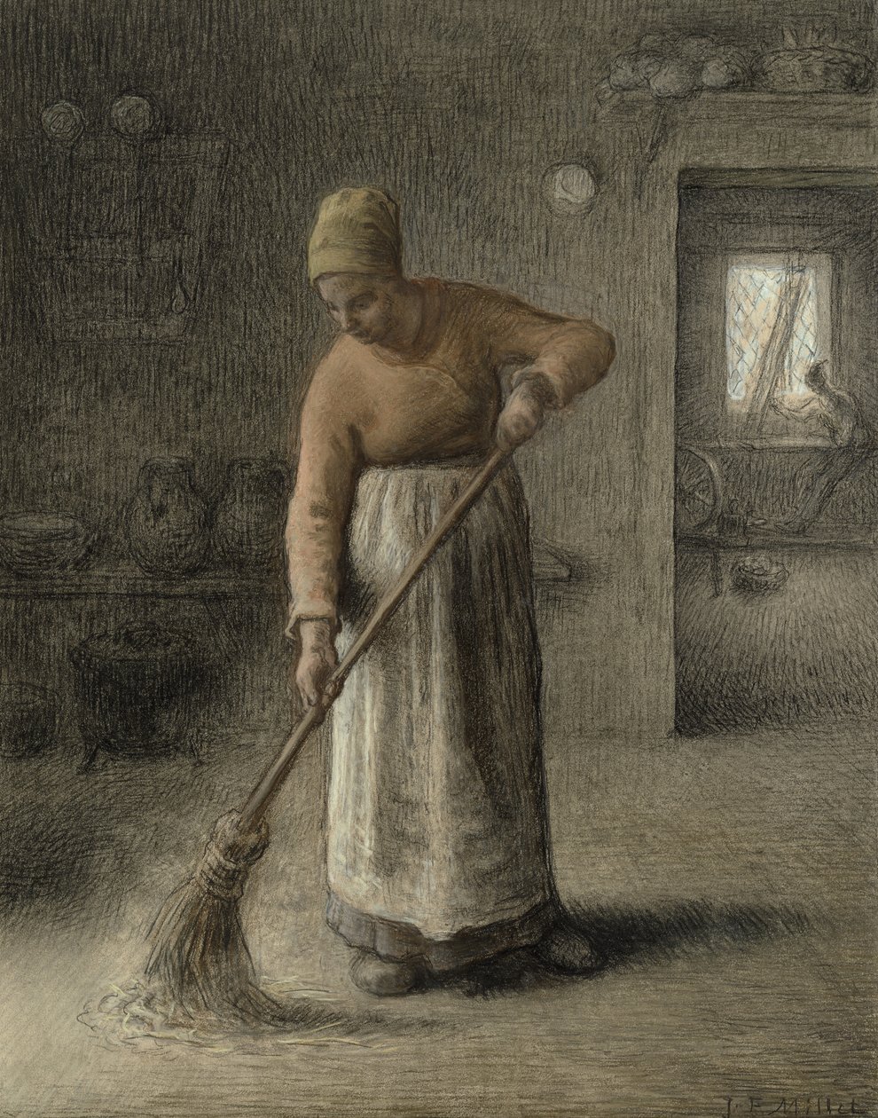 Maanviljelijän vaimon lakaisu, 1867 (pastelli ruskealle paperille) tekijältä Jean Francois Millet