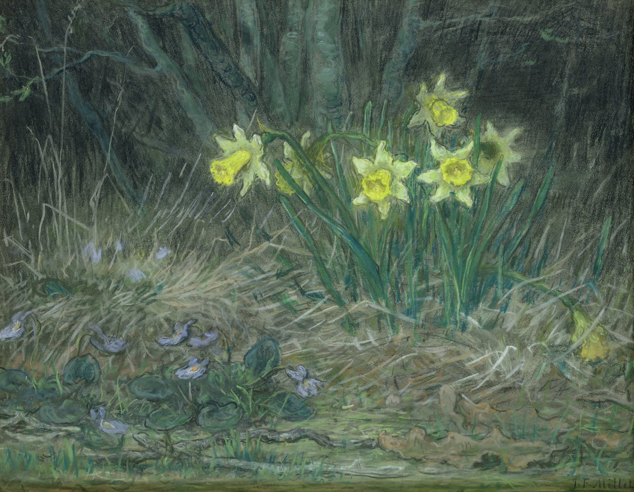 Narsissit ja violetit, n. 1867 (pastelli paperille) tekijältä Jean Francois Millet