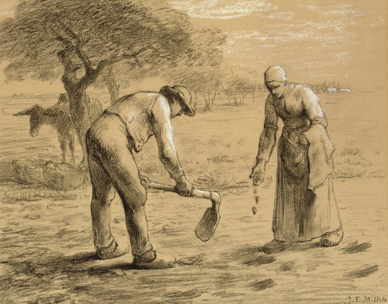 Talonpojat istuttavat perunoita (kynä ja liitu paperille) tekijältä Jean Francois Millet