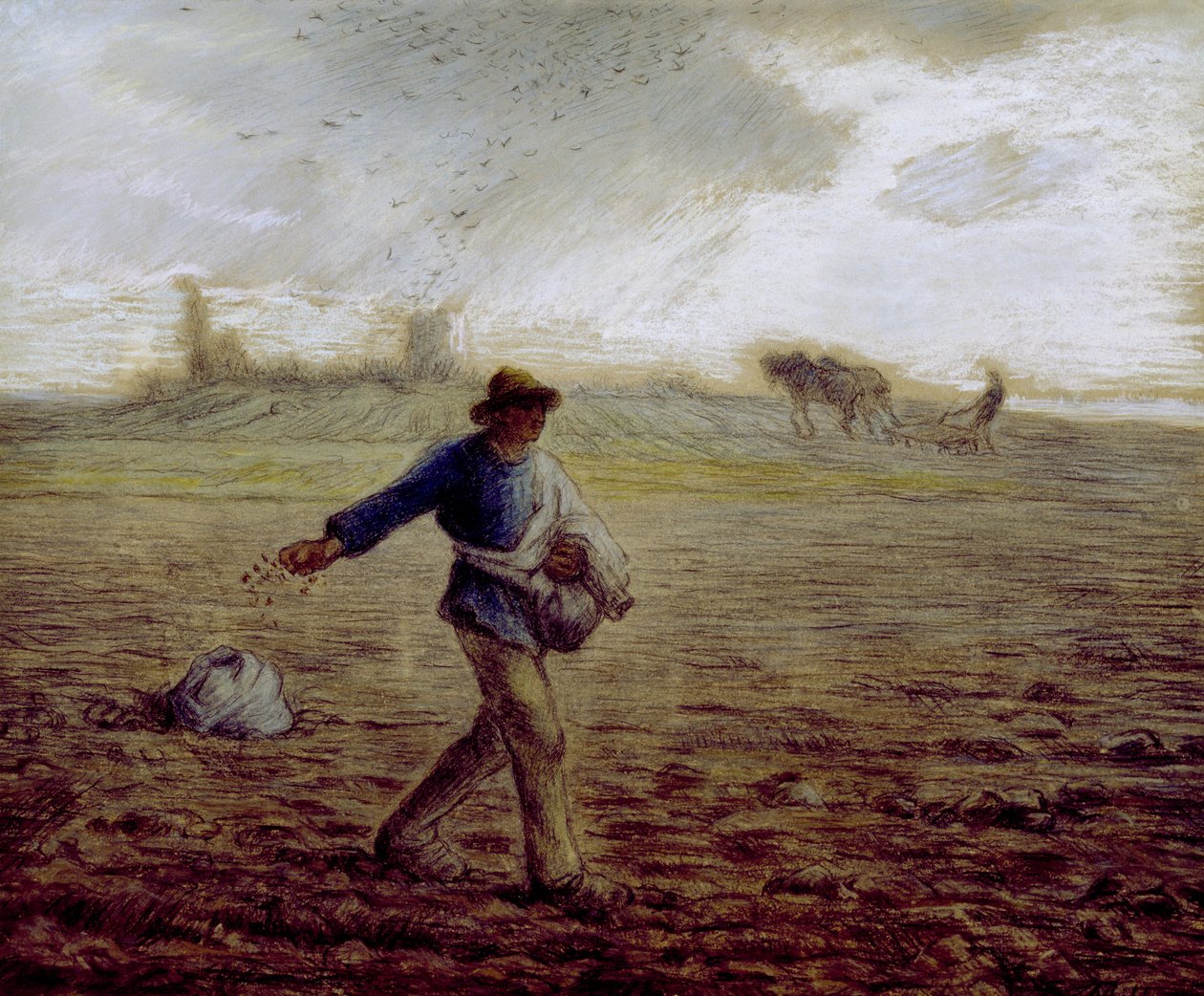 Kylväjä, n. 1865 (pastelli ja värikynä paperilla) tekijältä Jean Francois Millet