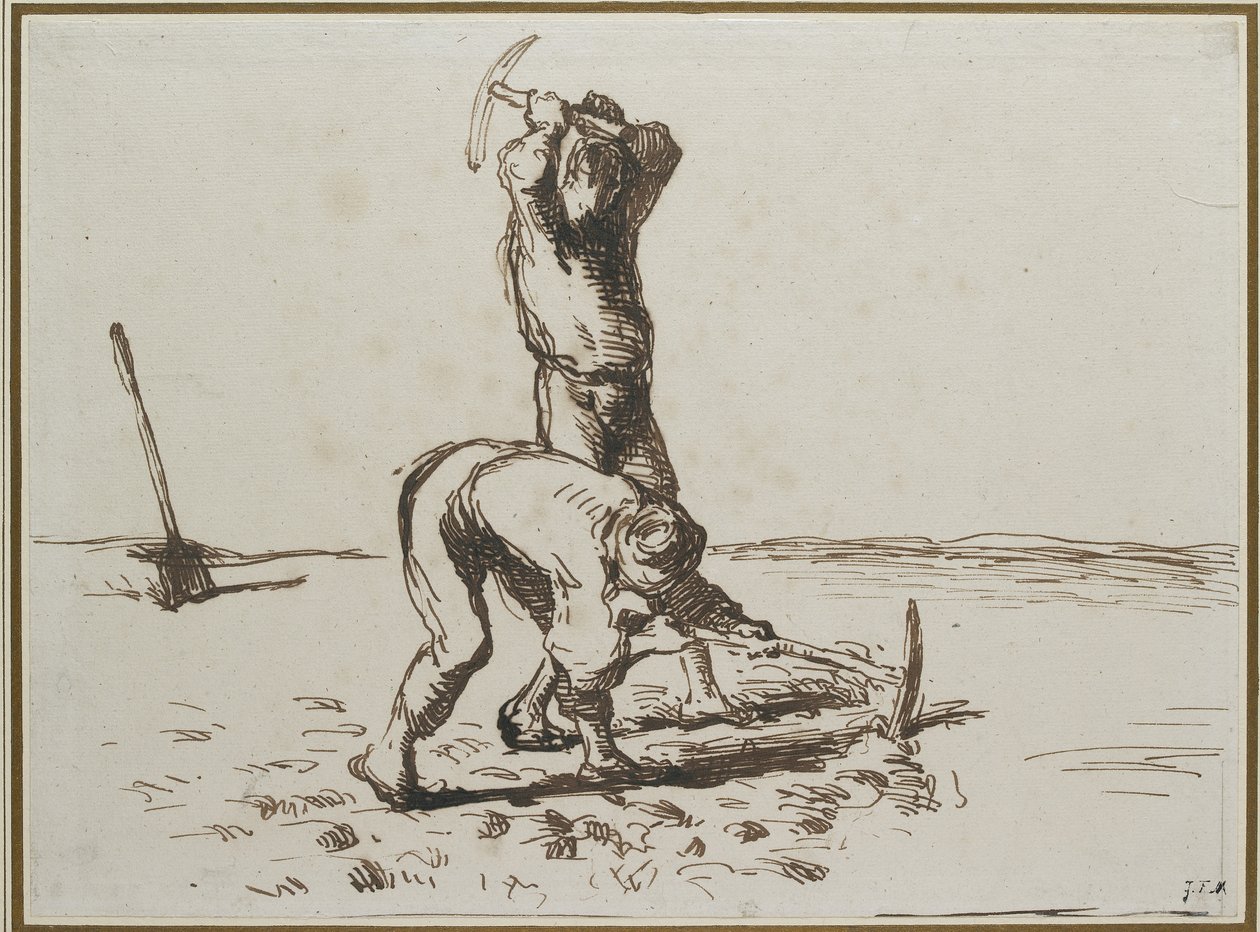 Kaksi talonpoikaa kaivamassa hakkuilla, n. 1844 - 1846 (kynä ja ruskea muste hieman värjäytyneellä valkoisella paperilla) tekijältä Jean Francois Millet