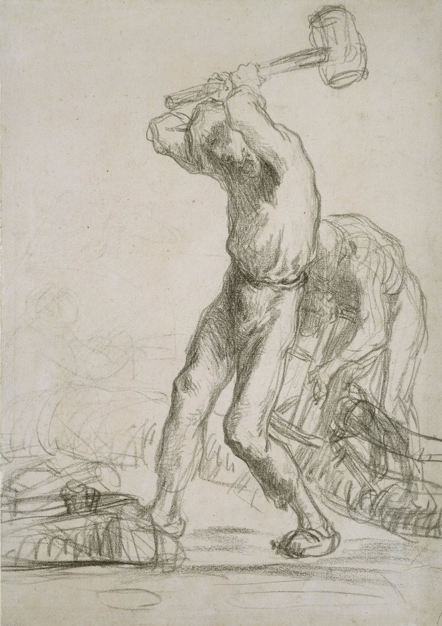 Kaksi talonpoikaa sahaamassa ja halkomassa puuta (musta liitu paperille) tekijältä Jean Francois Millet