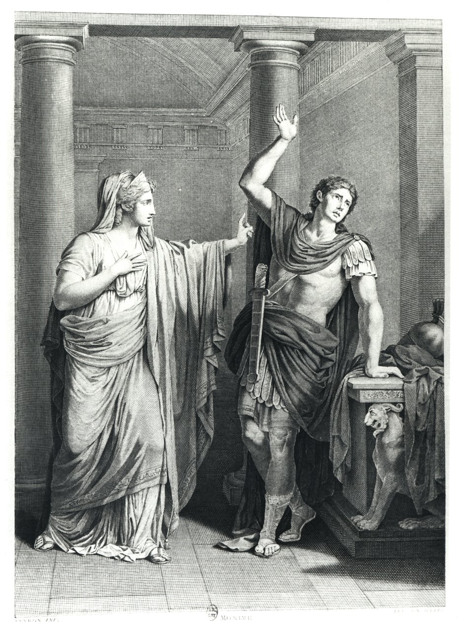Monime ja Xiphares, kuvitus Jean Racinen (1639-99) Mithridatesta, kaivertanut Beisson tekijältä Jean François Pierre Peyron