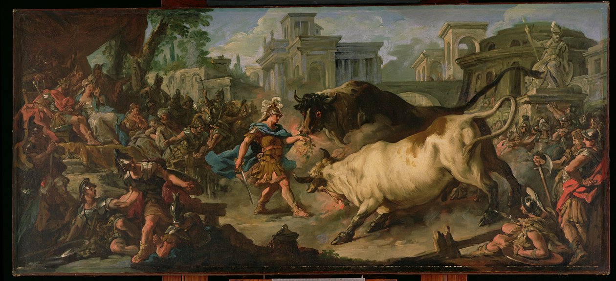 Jason kesyttää Aeetesin härät, 1742 tekijältä Jean François de Troy