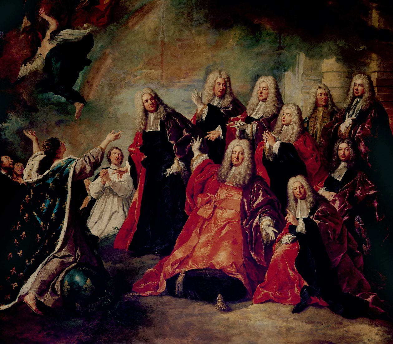 Ex-Voto. Corps de Ville vaatii hyvän sään paluuta, yksityiskohta Corps de Villesta, 1726 tekijältä Jean François de Troy