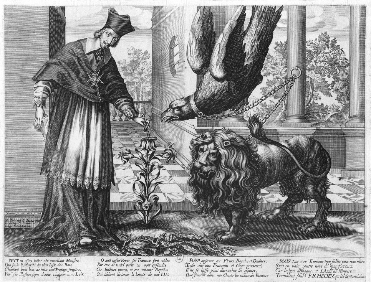 Allegoria kardinaali Richelieun (1585-1642) ylistämiseksi taistelemassa Itävaltaa (kotka), Espanjaa (leijona) ja Ranskan vihollisia (toukat) vastaan 1628 tekijältä Jean Ganiere or Gagniere