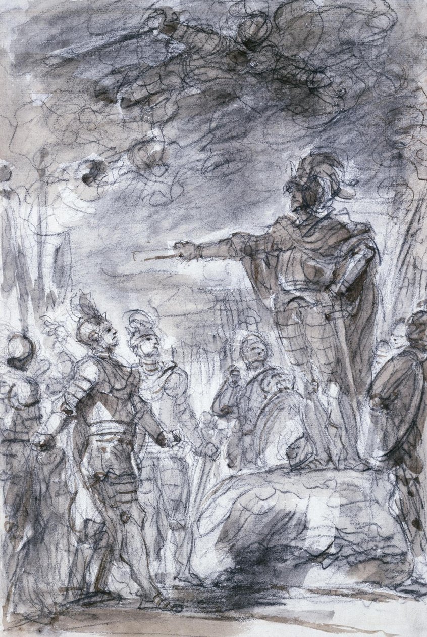 Kohtaus Ariostos Orlando Furioso- Rodomontelta ja Mandricardolta esittää asiansa Agramantessa tekijältä Jean Honore Fragonard