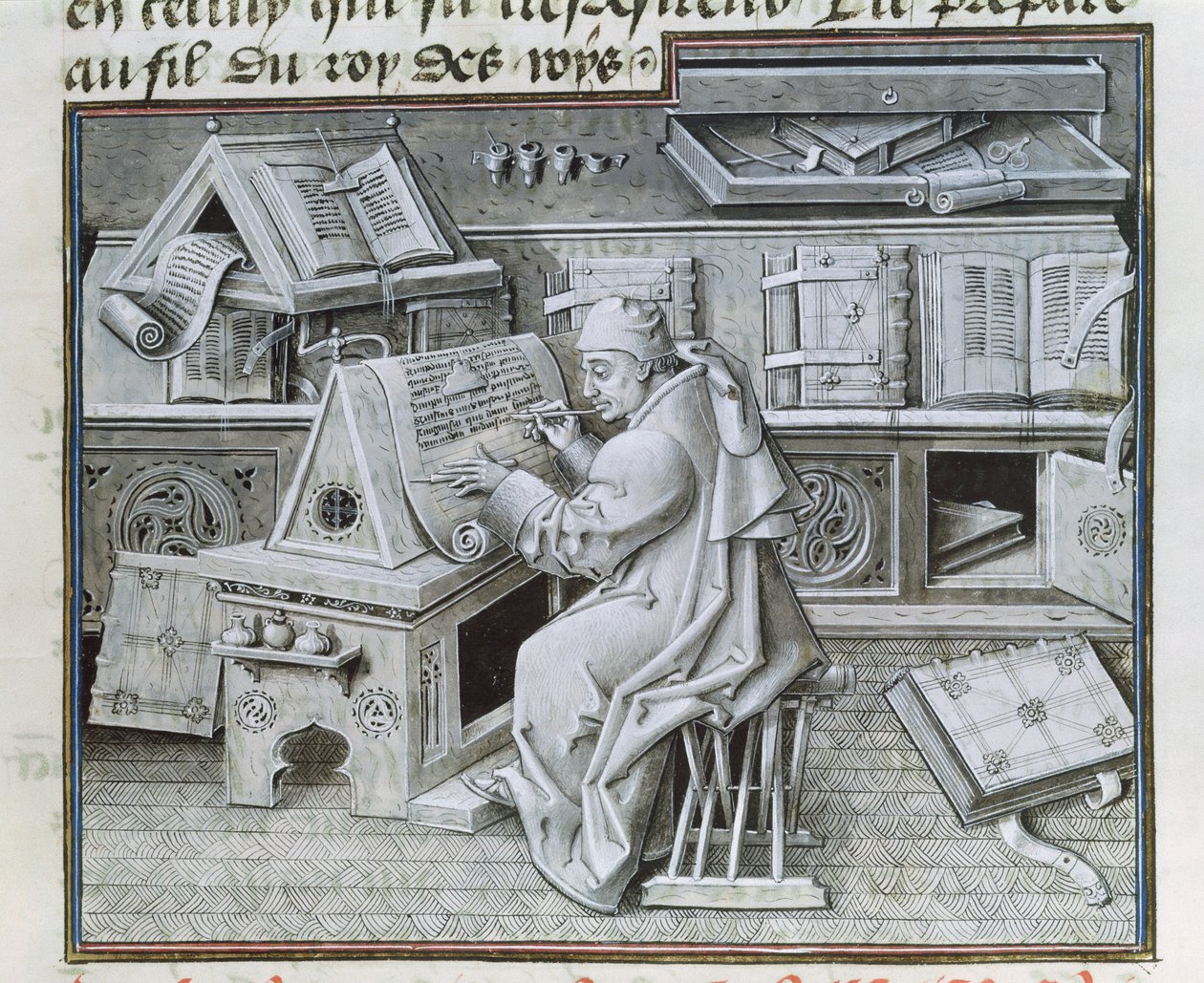 Ms 9198 f.19 Kopioija Jean Mielot (fl.1448-68) työskentelee scriptoriumissaan teoksesta "Neitsyen elämä ja ihmeet" tekijältä Jean I Le Tavernier