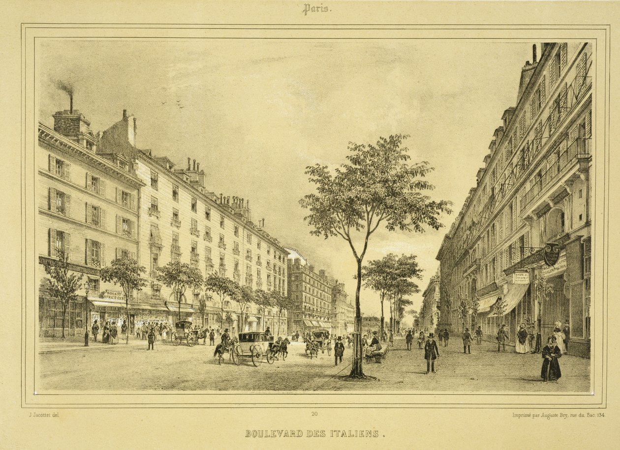 Boulevard des Italiens, Pariisi ja sen ympäristö, julkaistu noin 1850-60-luvulla tekijältä Jean Jacottet