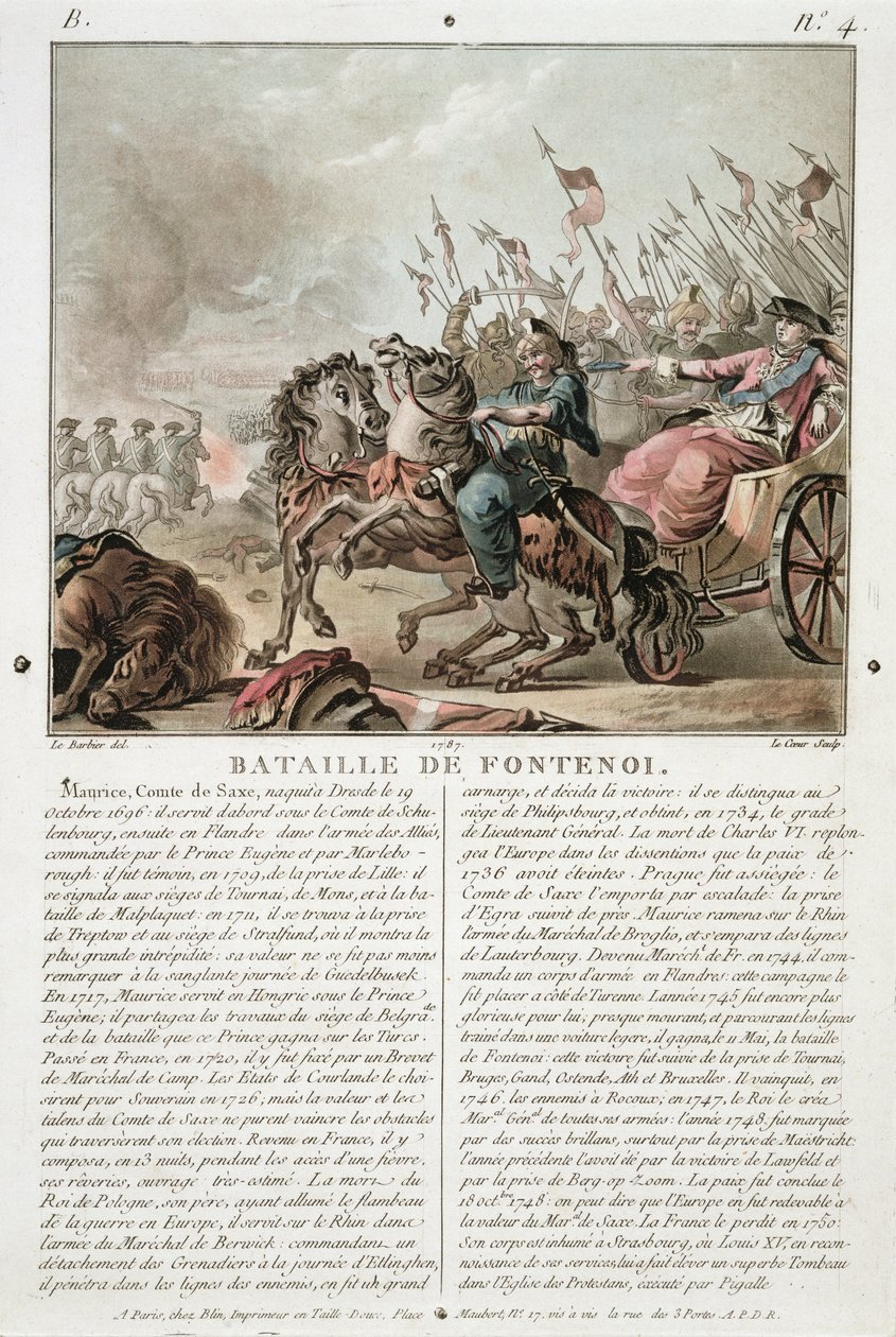 Fontenoyn taistelu, 1745, kaiverrus Louis Le Coeur (fl.1780-1800), 1787 tekijältä Jean Jacques Francois Le Barbier