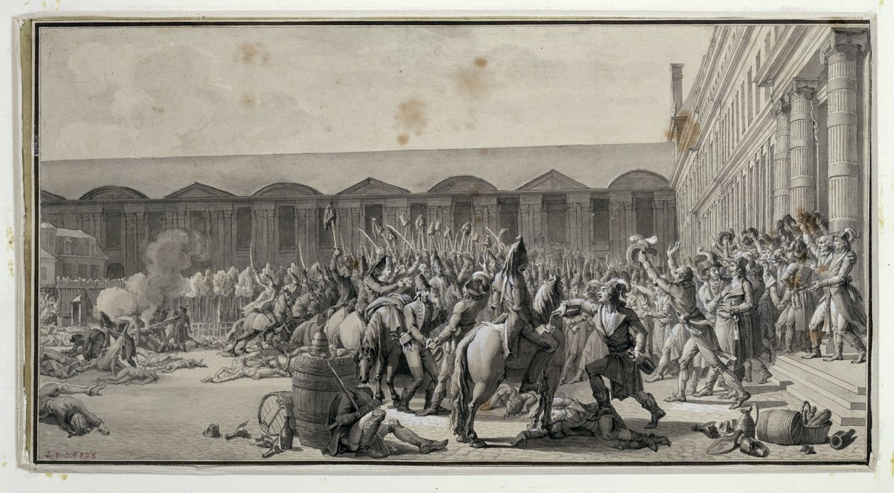 Kansallisen vuosikongressin puolustaminen Place du Carrouselissa, 12 Vendemiaire An IV (4. lokakuuta 1795) (kynä ja muste ja wc paperilla) tekijältä Jean Jacques Francois Le Barbier