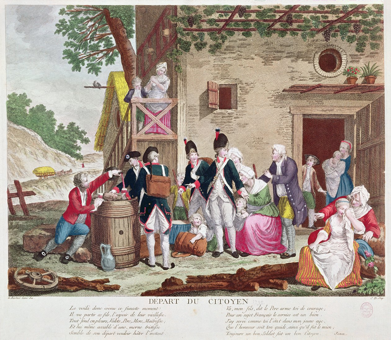 Kansalaisen lähtö, 1792 (värikaiverrus) (katso myös 250729) tekijältä Jean Jacques Francois Le Barbier
