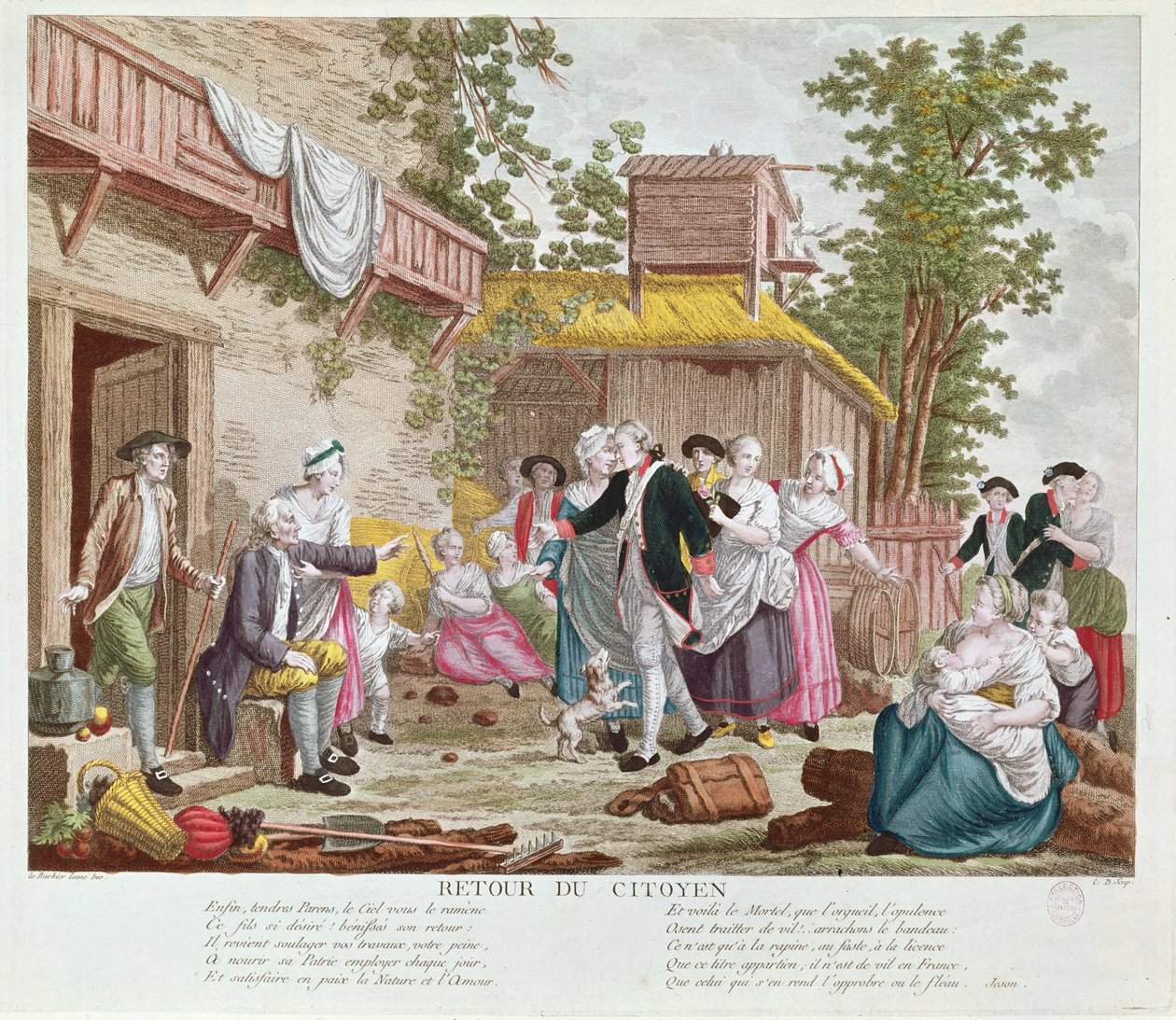 Kansalaisen paluu, 1792 (värikaiverrus) (katso myös 336991) tekijältä Jean Jacques Francois Le Barbier