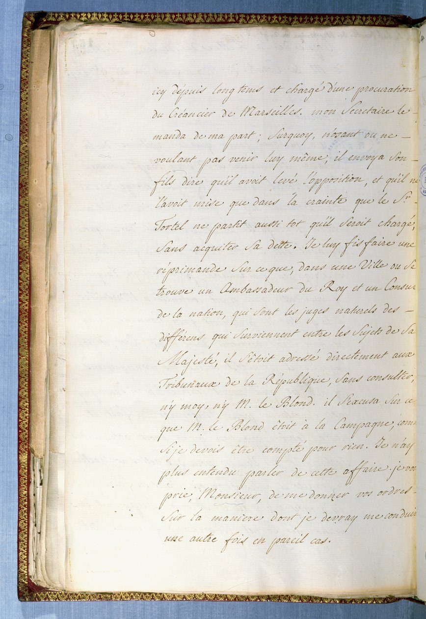 Toinen sivu kirjeestä, jonka Jean-Jacques Rousseau kirjoitti Ranskan Venetsian suurlähettilään sihteerinä lokakuussa 1743. tekijältä Jean Jacques Rousseau