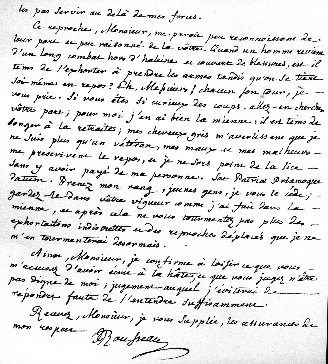 Motiersissa 15. heinäkuuta 1764 kirjoitettu kirje, jossa kerrotaan Rousseaun syyt, miksi hän ei kirjoittanut enempää ranskalaisten protestanttien tukemiseksi tekijältä Jean Jacques Rousseau