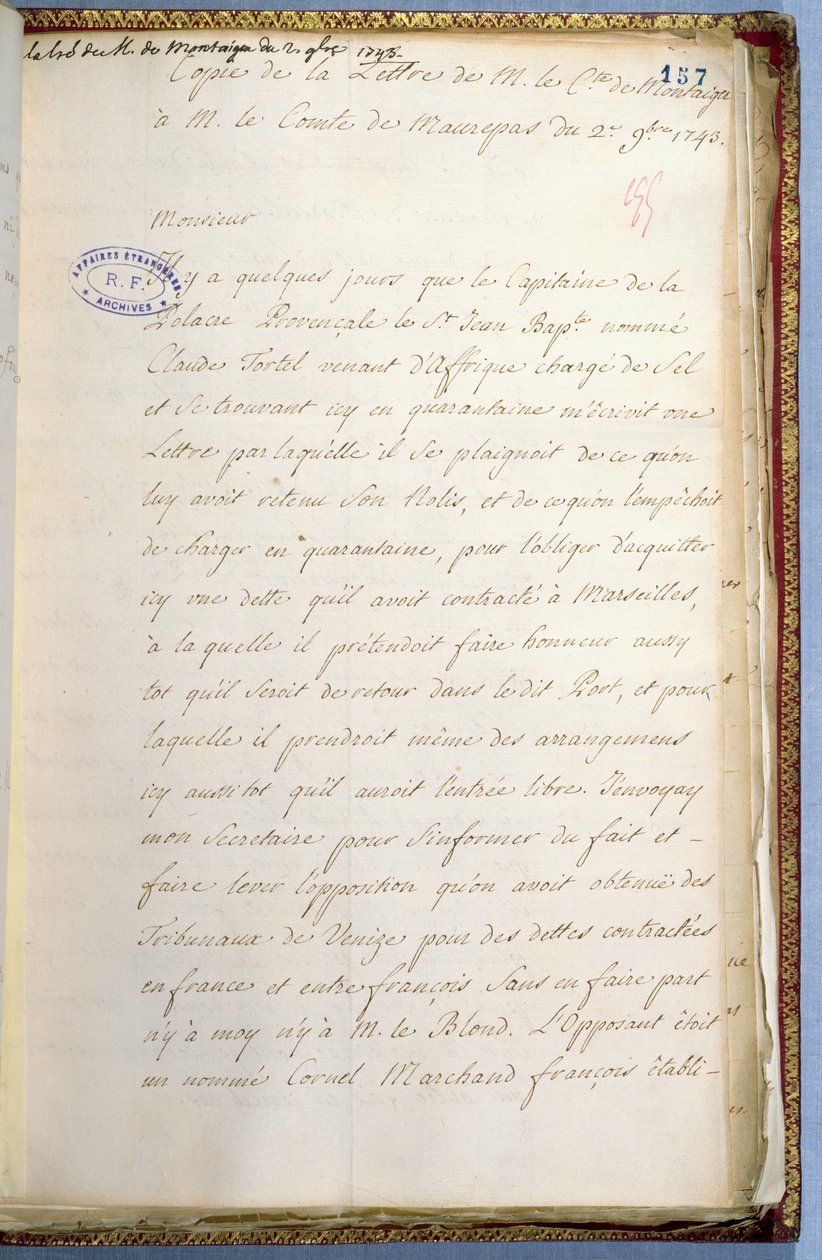 Jean-Jacques Rousseaun kirje Ranskan Venetsian-suurlähettilään sihteerinä lokakuussa 1743 tekijältä Jean Jacques Rousseau