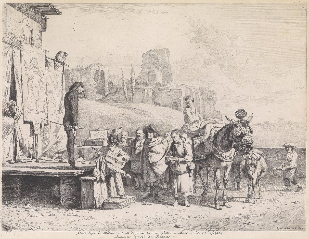 Theaterkarawane in einer italianisierenden Landschaft mit Ruinen tekijältä Jean Jacques de Boissieu