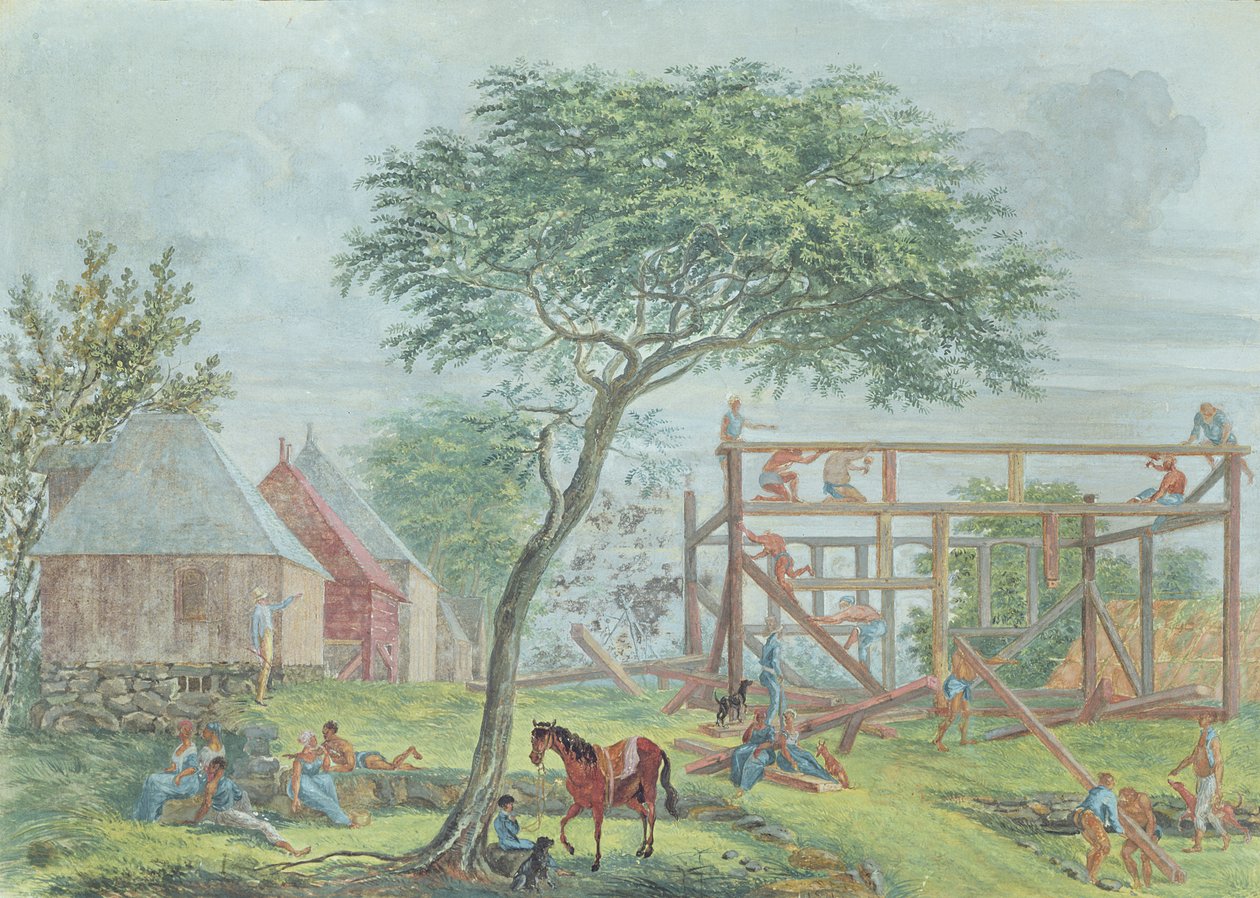 Talon rakentaminen Ile de la Reunionille, n. 1810-15 tekijältä Jean Joseph Patu de Rosemont