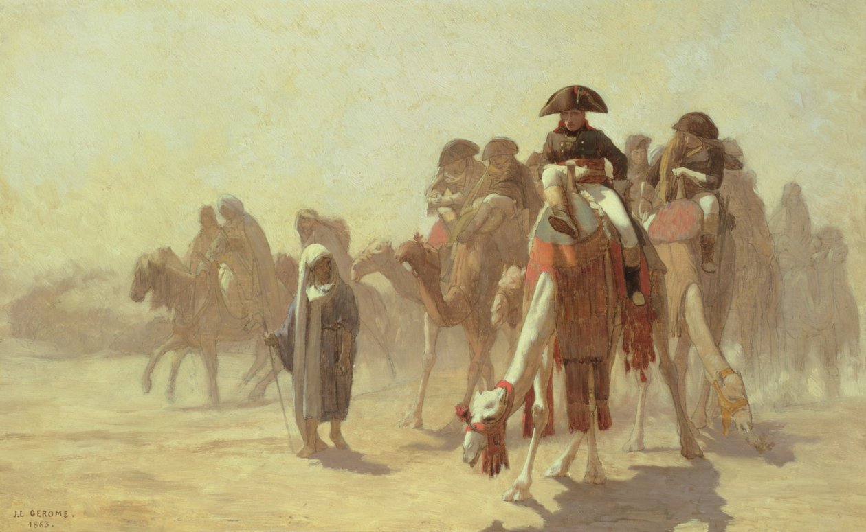 Kenraali Bonaparte sotilasesikuntansa kanssa Egyptissä, 1863 (kynä ja öljy kankaalle) tekijältä Jean Leon Gerome